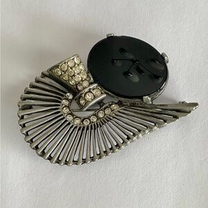 Vintage Signed Lazuli Art Deco Brooch Glass Silver And Rhinestones